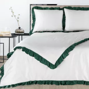 Pościel 160x200 cm z mieszanki włókien kolor biały, ciemnozielony z falbanką na brzegach ELIZA