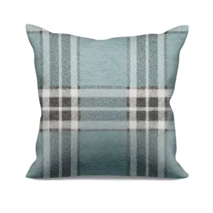 Poszewka szyta miętowo naturalna z grubej, szenilowej tkaniny w elegancką kratę