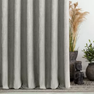 Zasłona szyta na flexach ciemnobeżowa z tkaniny o naturalnym splocie z efektem melanżu