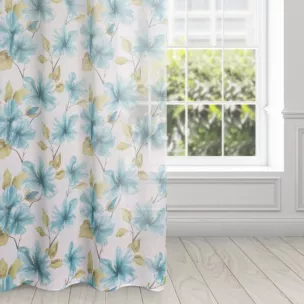 Dekoracja okienna biało, niebieska z lekkiej etaminy z nadrukiem kwiatów, półtransparentna 140x250 cm przelotka SOFIA