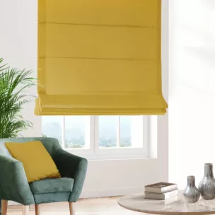 Roleta rzymska STYLE musztardowa o naturalnym charakterze, z widocznym, ozdobnym splotem