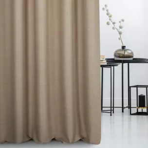Zasłona szyta na taśmie 5 cm ciemnobeżowa z miękkiej tkaniny o naturalnym splocie w stylu ekologicznym