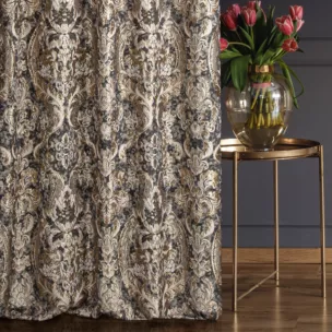 Zasłona szyta na taśmie 5 cm ALEPPO czarno złocista elegancka z dużym wzorem roślinno ornamentowym z połyskliwą nicią lureksową i efektem marszczenia