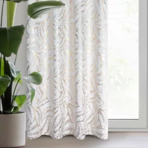 Zasłona biało szampańska zdobiona nadrukiem liści 140x250 cm złota przelotka - MILENA