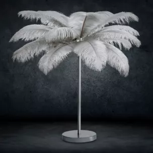 Lampa stojąca do salonu srebrna FERI na metalowej podstawie z niezwykle efektownym abażurem z naturalnych strusich piór