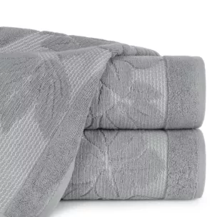 Ręcznik do rąk 30x50 cm bawełniany kolor stalowy z wytłaczaną bordiurą w kwiaty 500 g/m2 ROSE