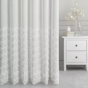 Firana szyta na taśmie 5 cm naturalna z miękkiej etaminy o naturalnym splocie, zdobiona naszytymi frędzlami