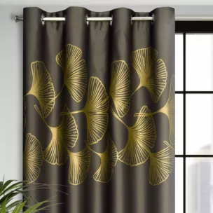Zasłona brązowa ze złotym wzorem liści ginko, zaciemniająca 140x250 cm przelotka - HARMONY