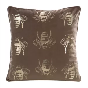 Poszewka na poduszkę 45x45 cm welwetowa, ciemnobeżowo złocista z motywem pszczół BILNK
