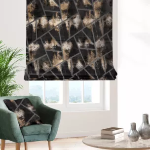 Roleta rzymska grafitowo miedziana z tkaniny welwetowej w geometryczny wzór