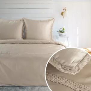 Pościel 160x200 cm komplet 3 częściowy z satyny bawełnianej kolor beżowy zdobiona elegancką koronką RETRO 5