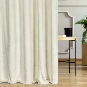 Zasłona szyta na flexach kremowa miękka tkanina welwetowa, ze złotym marmurowym nadrukiem