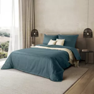 Pościel 160x200 cm satyna bawełniana kolor morski w drobne prążki VERA