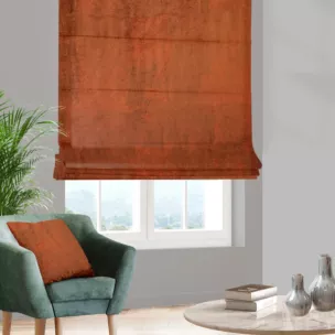 Roleta rzymska miedziana z welwetowej, miękkiej tkaniny, z połyskującym nadrukiem