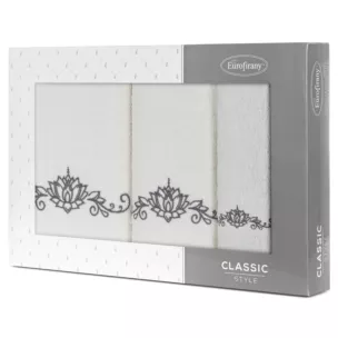 Zestaw ręczników bawełnianych na prezent 3 szt kolor kremowy,grafitowy z haftowanym wzorem lili wodnej 380g/m2 LILIANA