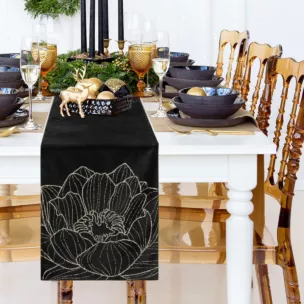 Bieżnik na stół czarno, złocisty 35x220 cm welwetowy BLINK 13 z dużym wzorem lilii wodnej