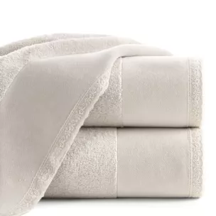 Ręcznik kąpielowy 50x90 cm bawełniany kolor beżowy z koronkową bordiurą 500 g/m2 EMI