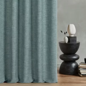 Zasłona szyta na taśmie 5 cm ciemnomiętowa tkanina o naturalnym charakterze z efektem melanżu