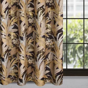 Zasłona czarno, złota z wzorem egzotycznych liści z welwetu 140x250 cm przelotka - ADEL