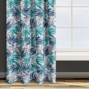 Zasłona biało, turkusowa we wzór liści 140x270 cm taśma - ELINA - Design 91
