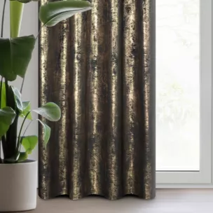 Zasłona welwetowa czarno, złota zdobiona przecieranym wzorem 140x270 cm taśma - RENIA