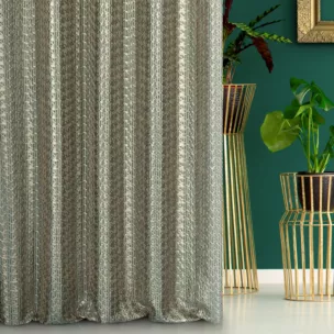 Zasłona szyta na taśmie 5 cm miętowo złota z eleganckiej tkaniny z efektem 3D i połyskującym wzorem w pepitkę Italissima Eva Minge