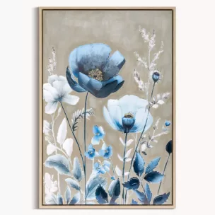 Obraz niebiesko, beżowy nadruk na płótnie w kwiaty 60x90 cm