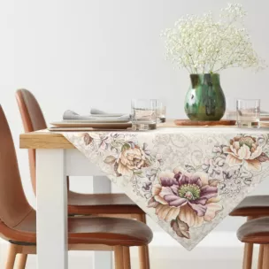Obrus naturalno, fioletowy 100x100 cm z grubszej tkaniny gobelinowej z nicią szenilową z motywem kwiatów