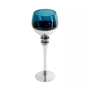 Świecznik bankietowy szklany CLOE na wysmukłej nóżce srebrno-granatowy