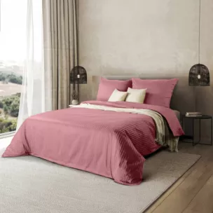 Pościel 160x200 cm komplet 3 częściowy satyna bawełniana kolor pudrowy róż w drobne prążki VERA