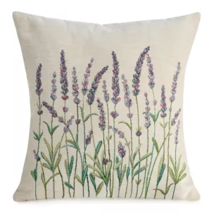 Poszewka na poduszkę 45x45 cm bawełniana, gobelinowa naturalno, zielona  z motywem lawendy GOBELIN