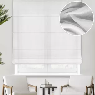 Roleta rzymska biała z miękkiej w dotyku, kreszowanej tkaniny, wykończona obciążnikiem