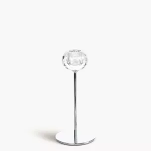 Świecznik dekoracyjny transparentny,srebrny o kryształowej okrągłej formie na smukłej nóżce rozmiar 8x19 cm LARA