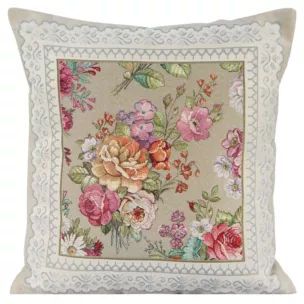 Poszewka na poduszkę 45x45 cm gobelinowa oliwkowo, różowa zdobiona tkanym motywem kwiatowym GOB
