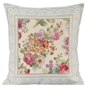 Poszewka na poduszkę 45x45 cm gobelinowa jasnoszara, różowa zdobiona tkanym motywem kwiatowym GOB