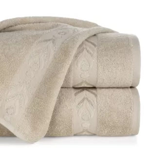 Ręcznik kąpielowy 70x140 cm bawełniany kolor beżowo, złoty zdobiony metaliczna nicią 500 g/m2 KALISTO