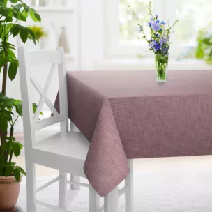 Obrus szyty pudrowo różowy o naturalnym, luźnym splocie w stylu eko