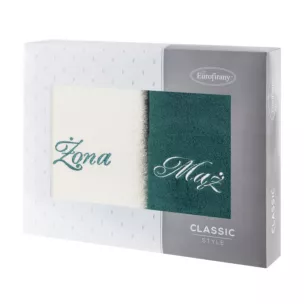 Zestaw ręczników bawełnianych na prezent 2 szt 50x90 cm z haftem Żona i Mąż kolor kremowy,ciemnozielony 400 g/m2