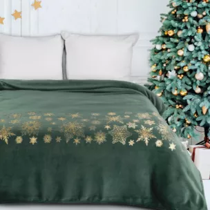 Koc 150x200 cm ciemnozielono, złoty ozdobiony gwiazdkami JOY