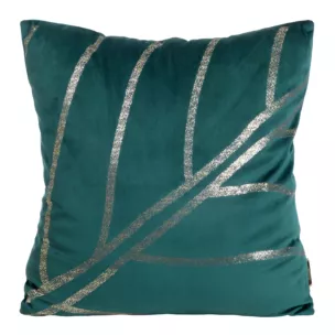 Poszewka na poduszkę 45x45 cm welwetowa ciemnoturkusowa z błyszczącym nadrukiem liści BLINK 38