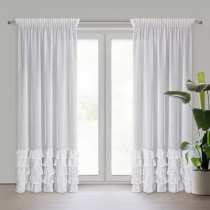 Firana biała z etaminy zdobiona falbanami i lśniącym pasem kryształków 140x270 cm taśma CARLI