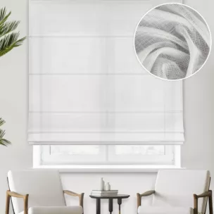 Roleta rzymska naturalna o luźnym splocie z dodatkiem transparentnej nici, nadającej delikatny połysk tkaninie, wykończona obciążnikiem