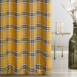 Zasłona szyta na taśmie 5 cm musztardowo naturalna z grubej, szenilowej tkaniny w elegancką kratę