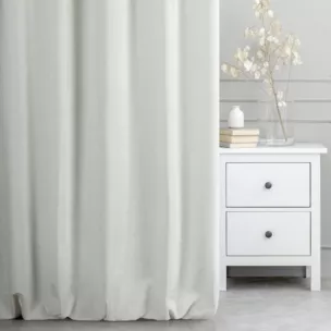 Zasłona szyta na taśmie 5 cm TEXTURE 2 kremowo srebrna z miękkiej tkaniny szenilowej z błyszczącym nadrukiem