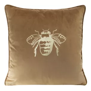 Poszewka na poduszkę 45x45 cm welwetowa kolor ciemnobeżowy z nadrukiem złotej pszczoły BLINK