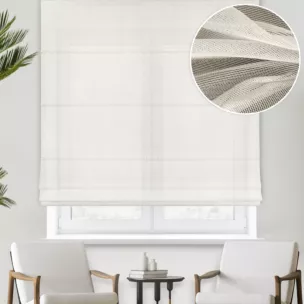 Roleta rzymska kremowa z miękkiej matowej tkaniny o strukturze siatki, wykończona obciążnikiem, odporna na zaciągnięcia