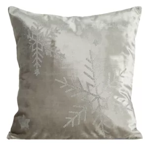Poszewka na poduszkę świąteczna 45x45 cm beżowo, srebrna welwetowa zdobiona motywem śnieżynek z lśniących kryształków