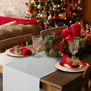 Bieżnik na stół srebrny 40x140 cm z żakardowej tkaniny FLASH w prążki przetykany srebrną nicią