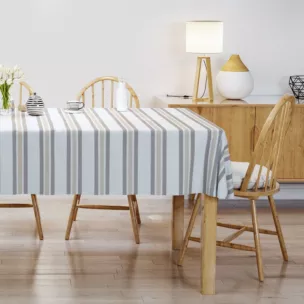 Obrus szyty kremowo grafitowy z tkaniny o naturalnym splocie z nadrukowanym wzorem w pasy