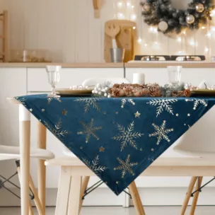 Obrus świąteczny 85x85 cm grafitowo, szampański welwetowy zdobiony śnieżynkami